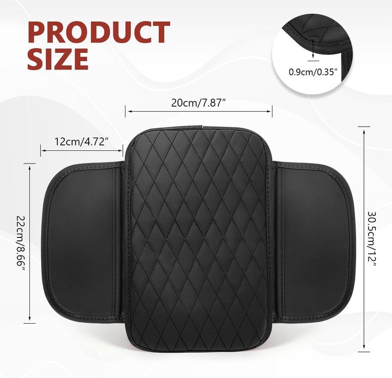ongfuwu Car Center Console Cover, 12"×7.87" Waterproof Leather Auto Armrest Cover Protector with 2 Pocket, Comfortable Arm Rest Box Cushion Pad, Universal Interior Car Accessories (Black) - Image 2